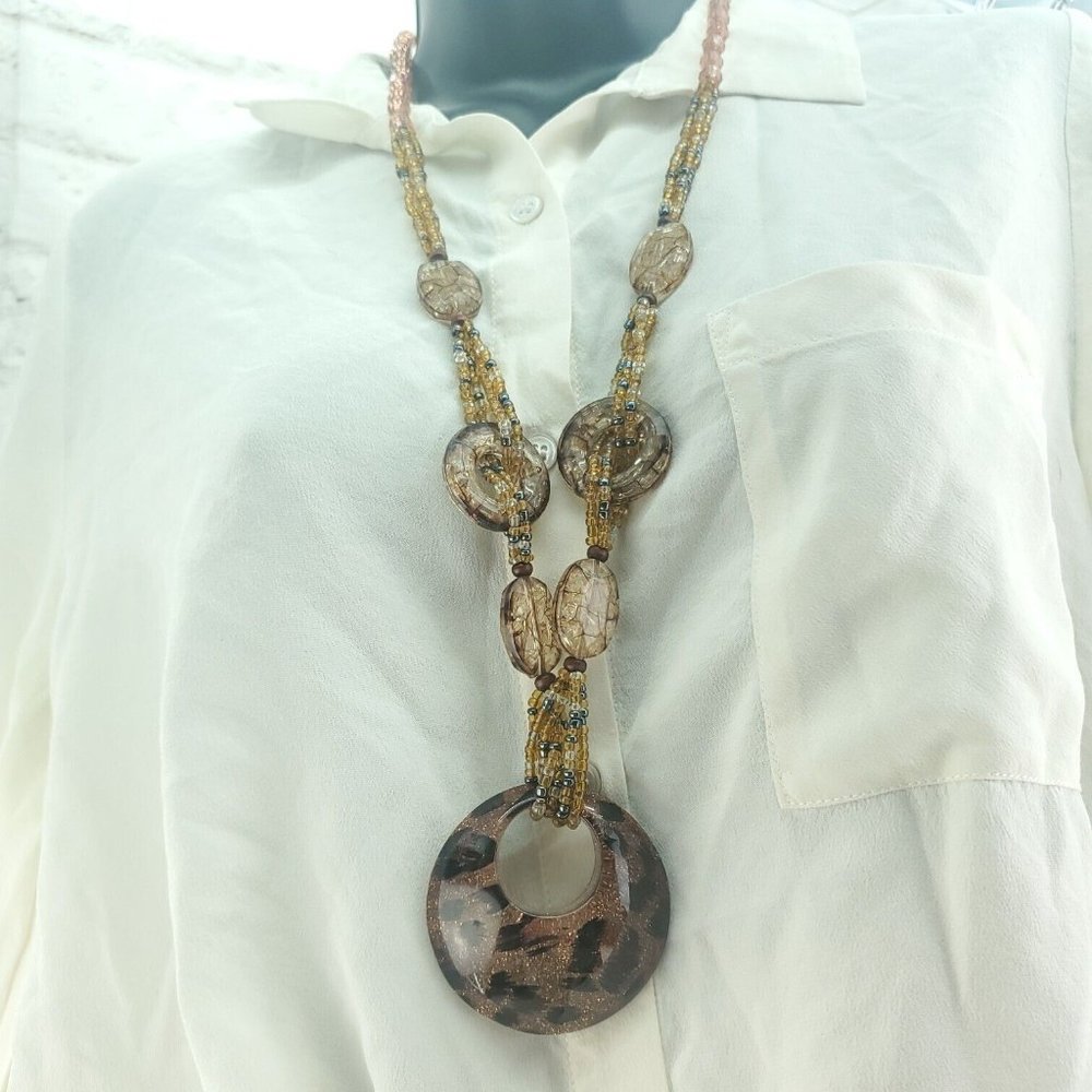 Womens Tan Multi Layer Beaded String Circle Fashion Jewelry Pendent Necklace
